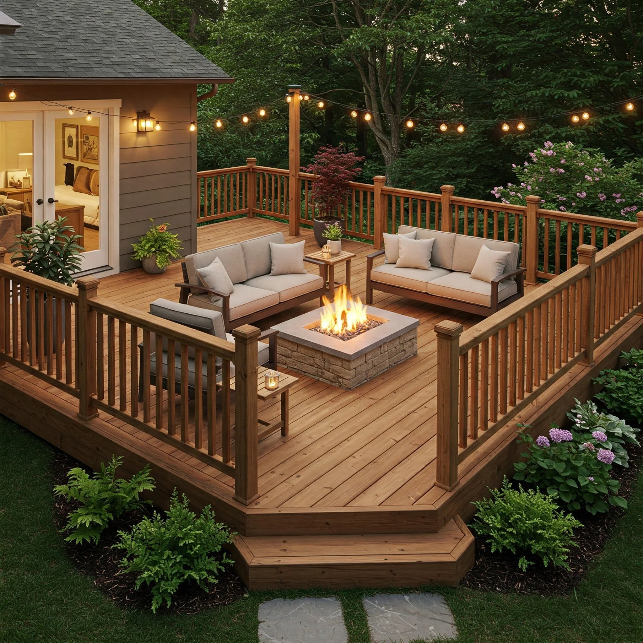 Great Lakes Decking Co. completed wood deck with fire pit and string lights