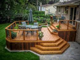 Small multi-level wood deck with angled steps