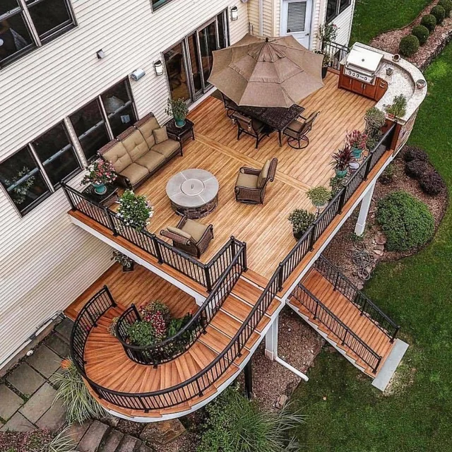 Aerial view multi-level wood deck
