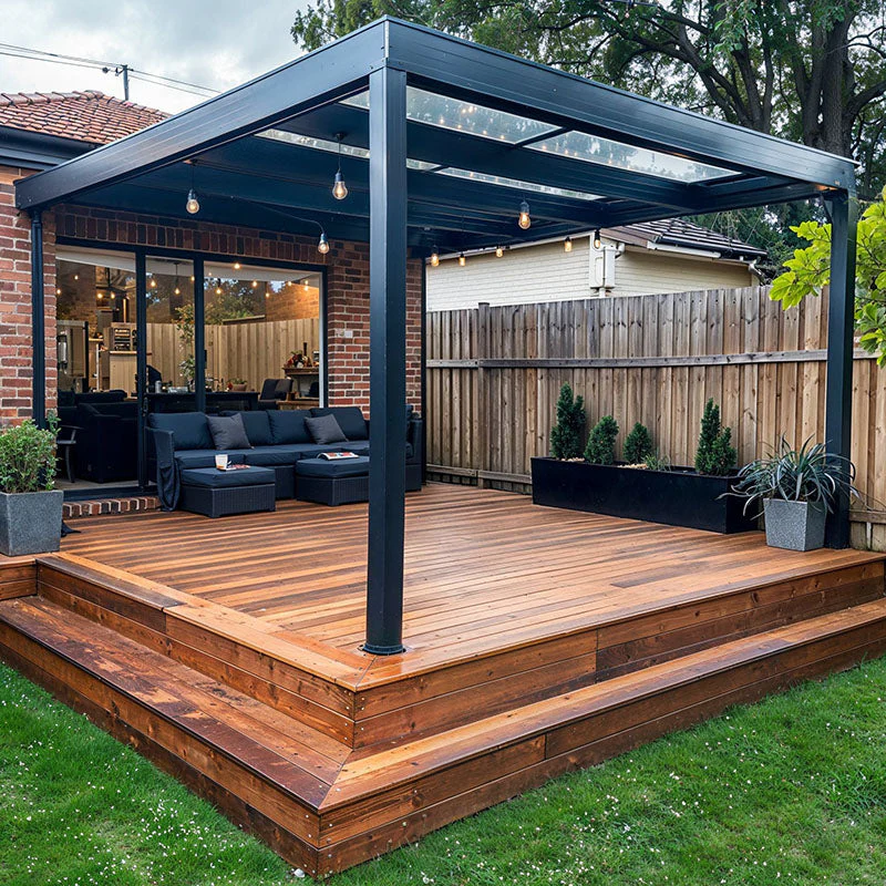 Modern aluminum pergola with string lights over wood deck